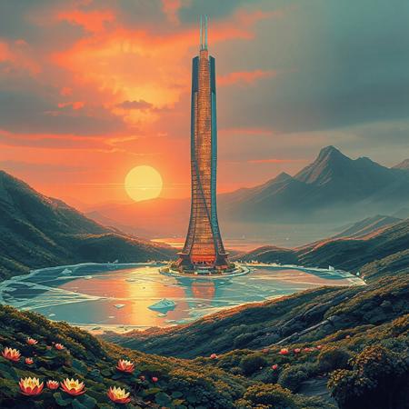 Planet Xylophia-IV, a stunning celestial body known for its breathtaking landscapes, making it an attractive destination for human colonization and terraforming efforts in the late 22nd century.
Soft, serene sky with reds and oranges
A tranquil, crystal-clear  ice lake reflects the aurora's ethereal dance, its surface dotted with lotus-like, bioluminescent flora that pulse in harmony with the planet's natural energy; undulating, emerald-green hills rise gently, covered in a lush, alien vegetation that shimmers with a subtle, rainbow hue; the rugged, ruby mountain range stretches across the horizon, its peaks hiding ancient, alien ruins and mysterious energy sources.
The center object is a majestic, spiral-shaped skyscraper, that pierces the sky, its surface adorned with a latticework of neon-lit, retro-futuristic accents; the spire serves as New Eden's heart, housing the colony's administration, a renowned intergalactic research center, and a luxurious, zero-gravity hotel.
As the dual suns dip below the horizon, New Eden transforms with a warm, golden lighting scheme, accentuating the retro-futuristic elements and casting a magical glow across the landscape.
Panoramic shot from a elevated vantage point, capturing the entirety of New Eden, the lake, and the majestic distant mountain ridge.