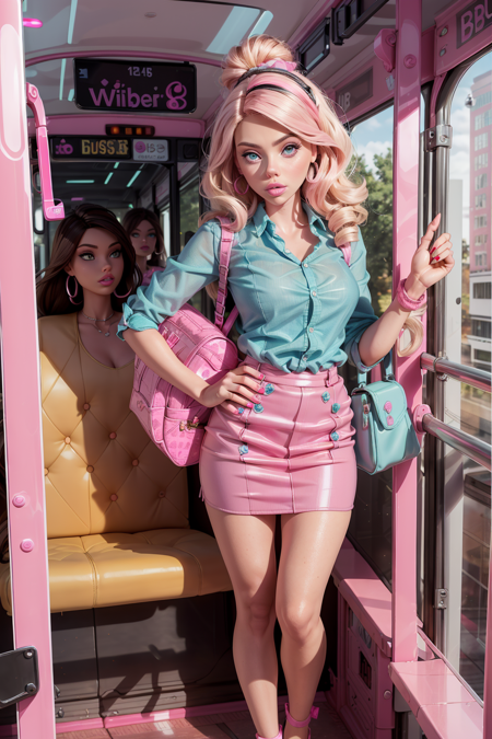 Ultra high resolution, high resolution, (masterpiece: 1.4), hyper-detail, 1girl, (inboxDollPlaySetQuiron style), full body, no humans, doll, toy, barbie, in a gift box, character print,  middle length hair, blight blue eyes, (((wearing a detailed pink theme bus driver  outfit and matching accessories:1.5))), pink sparkles, sprinkles, barbie pink color theme, beautiful female barbie, full lips, parted_lips, heavy make-up, smoky eyes, detailed eyes, pretty face,3DMM,inboxDollPlaySetQuiron style, lara croft tomb raider, (Scarlett Johansson), <lora:quiron_inboxDollPlaySet_v2_lora:1>,