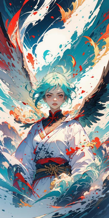 nmzc,(masterpiece:1.1),(best quality),fine colorful,wings, solo, weapon, (Turquoise hair:1.2),1girl, holding weapon, holding, feathers, feathered wings, sword, fire, spread wings, holding sword, looking at viewer(red eyes:1.2),(upper body:1.5),original work,(extremely detailed CG unity 8k wallpaper:1.1),(panorama:1.4),(whole body:1.05),(single person:1.2),outdoors,looking at the viewer,making happy expressions,beautyfull detailed faces and eyes,beautyfull complicated clothing pattern details,chinese