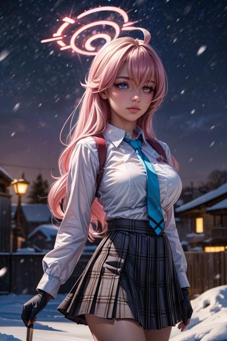 zzHoshino, pink hair, long hair, hair between eyes, blue eyes, yellow eyes, heterochromia, very long hair, pink halo, black skirt, blue necktie, collared shirt, plaid skirt, pleated skirt, white shirt, black gloves, fingerless gloves, puffy long sleeves,