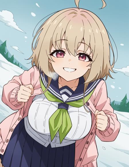 kinu tanukikouji, bangs, blonde hair, pink eyes, medium hair, sidelocks, ahoge, large breasts, skirt, shirt, long sleeves, school uniform, white shirt, pleated skirt, open clothes, serafuku, sailor collar, blue skirt, neckerchief, cardigan, blue sailor collar, open cardigan, pink cardigan, green neckerchief,