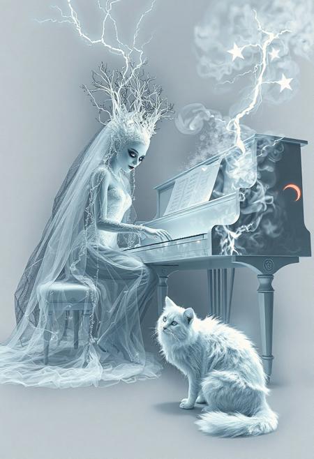 Tim Burton's style
is a ghostly demonic creepy bride made of white smoke playing a white piano
with a huge ghostly ugly shaggy scary cat made of white smoke sitting at her feet  
Gothic
beautiful botanical
lightning
shining red crescent
bioluminescent stars
dynamic pose
random angle
dark fantasy
surrealism
turquoise monochrome
white muted background
Ultra detail,
Double exposure, Abstract, Octane rendering, Shine,lumen, fractal, UHD, Hyperdetail.
Zdzisław Beksinski style