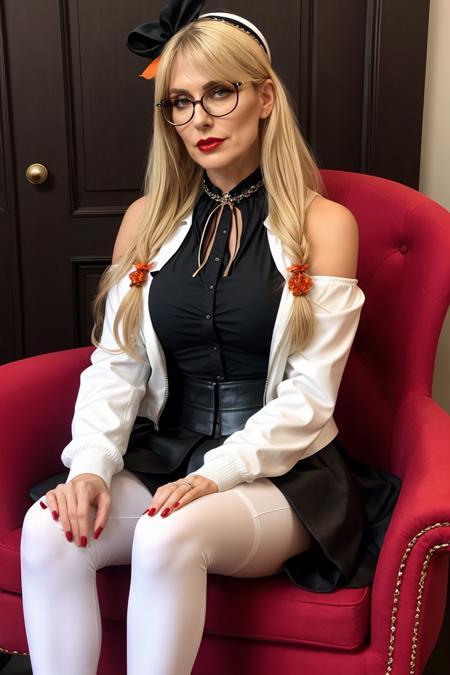 (solo:1.3) BREAK chains, black clothing, gothic, shoes, standing <lora:weibozh:1> purah, red glasses, hair ornament, hair stick, red headband, white shirt, bare shoulders, white jacket, black skirt, orange leggings, high heels a close up photo of blonde mature slut, 1woman with aquiline nose, sitting in comfy chair <lora:add_detail:0.5><lora:Elixir:0.5>.