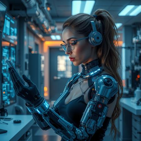 real estate photography style a cyberpunk girl in a high-tech lab, studying holographic data while her cybernetic limbs move seamlessly, blending her high-tech augmentations with human beauty and intelligence. professional, inviting, well-lit, high-resolution, property-focused, commercial, highly detailed