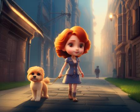 cute girl walking her dog through the streets of the morning town, cartoonish_doll