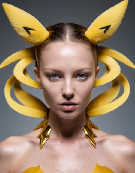 lewd, slutty, by Iris van Herpen, Fashion photography of a supermodel, Archeologist, face is a combination of Artemis and Pikachu, wearing fashion outfit, Bokeh, Contemporary impressionism, luxurious sharp focus, sublime, quality, highly detail, very inspirational, ambient, holy