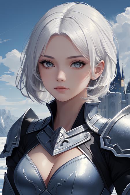 ((high quality:1.2, masterpiece:1.2)), 1girl, beautiful face, white hair, grey eyes, dynamic pose, (death knight, fantasy), (face shot, upper body), fantasy, (noon, ice castle background:1.2), majestic clouds, absurdres, high details, detailed and intricate, best lighting, sharp focus, realistic lighting