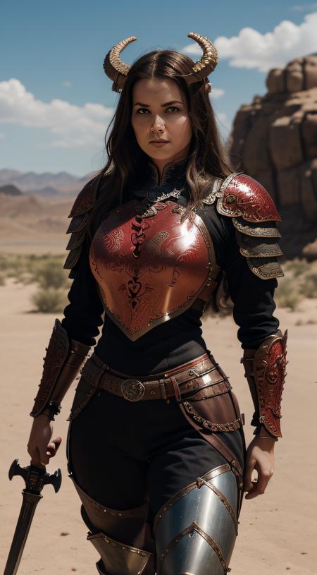 ((female faun with big horns)), (knight, holding a axe, on a desert place), looking at viewer, wearing (a leather pants, cuirass, gorget, pauldron, couter, vambrace, gauntlets, cuisses, greaves, sabatons, poleyn, tasses, plackard, rerebrace, breastplace, faulds, scabbard, gardbrace, shoulder armor)
