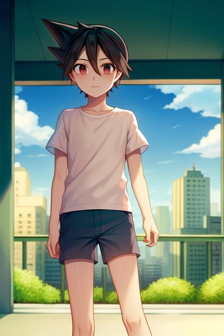 masterpiece, best quality, PokespeRed, 1boy, blue shorts, white shirt, city, ice cream, <lora:PokespeRedV1:1>