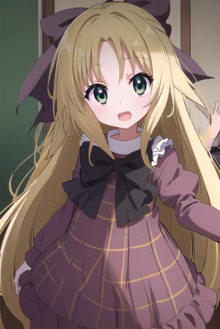 chizuruakaba, <lora:elise toudou s2-lora-nochekaiser:1>,
elise toudou, long hair, blonde hair, (parted bangs:1.5), (green eyes:1.3), smile, open mouth,
BREAK bow, hair bow, bowtie, dress, frills, puffy sleeves, purple dress, skirt,
BREAK indoors, classroom,
BREAK looking at viewer, (cowboy shot:1.5),
BREAK <lyco:GoodHands-beta2:1>, (masterpiece:1.2), best quality, high resolution, unity 8k wallpaper, (illustration:0.8), (beautiful detailed eyes:1.6), extremely detailed face, perfect lighting, extremely detailed CG, (perfect hands, perfect anatomy),