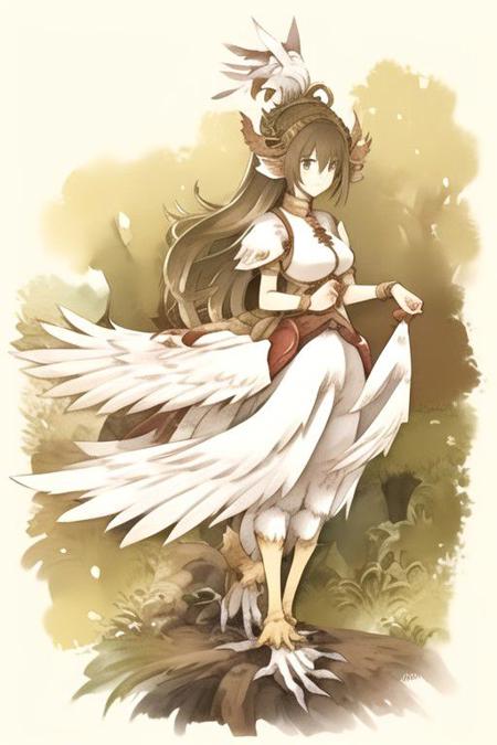 1girl, kinnari, watercolor, white and red feathers, full body, split feathers, yellow feathers, white feathers, forest, anime