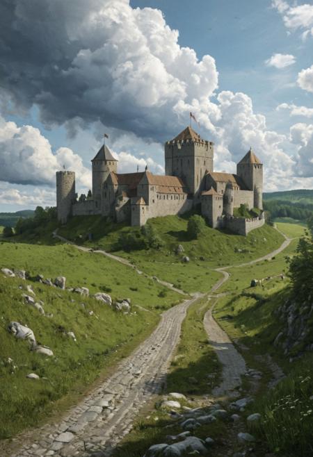 A realistic medieval germanic landscape, showing a stone castle, with medieval Germanic Gothic-Romanesque architectural style, roads that follow the natural terrain. The surrounding countryside has green fields, scattered trees, dense woods. The sky is clear with soft blue tones and large white cumulus clouds. Natural lighting, cinematic perspective, wide view, high detail, realistic medieval textures, no fantasy elements, clear separation between buildings and landscape, logical layout, geographically consistent, perspective aligned <lora:MedievalMemories_v1:1.0> <lora:DetailTweakerXL_v1:3.0>