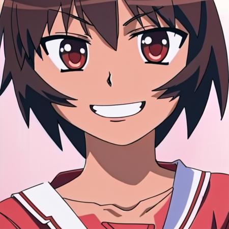 <lora:KaguraLoRA:1>, 1girl, solo, (portrait) kagura, brown hair, short hair, brown eyes, dark skin, looking at viewer, smile, school uniform, serafuku, (red shirt), red skirt, white background