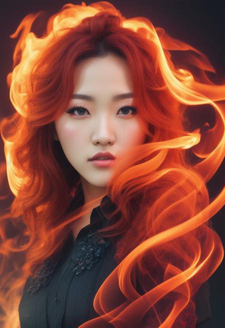 (yuqi:1.4), (masterpiece), close up digital portait of a woman (yuqi), cinematic, dramatic, detailed, vivid, art by dgtlv2, colorful, smoke background, black and red hair, hair volume, hair in fire, black eyes, <lora:yuqi_v10:0.7>,