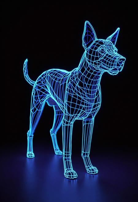 wireframe of a neon dog is walking across a black background with blue and purple lights on it's face and tail, artist, neon lighting, a hologram, holography
