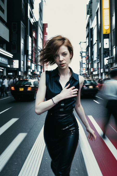 ShirleyManson, ((Futurism movement portrait, bustling Tokyo street at night, speed, technology, modernity, dynamic motion, blurred lights:1.3))