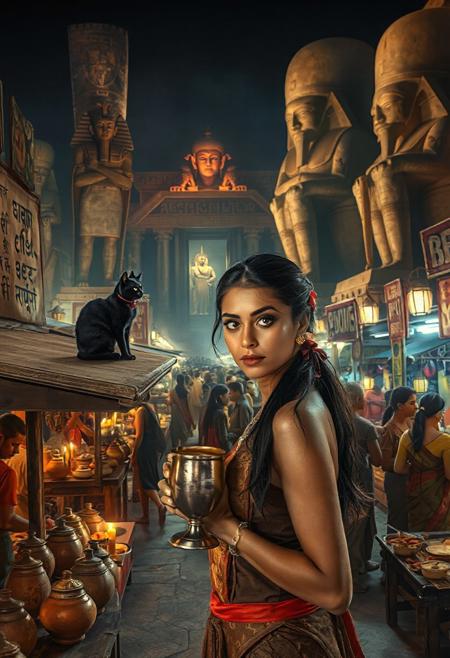Setting is ancient Indian street market at night, ((all writing is in Indian hieroglyphs)), ((all lighting is by candles, and flame torches,  the market is comprised of street vendors selling food, weapons, and clothing. People wearing Ancient Indian clothing are walking through the street market shopping and eating, A sleek black cat (Bastet) with red collar sits on a nearby wooden roof at a market kiosk. Behind the a kiosk counter are clay containers of Indian beer, (((a beautiful woman, 24 years old, is standing in the foreground facing the viewer with a metal goblet of beer in her hand. Her eyes are beautiful and focused on the viewer, she has an expression of interested curiosity))), the woman is dressed in Ancient Indian style clothing combining a sexy and classic Ancient Indian aesthetic. Enormous Ancient Indian statues and temples are visible in the background and around the scene and smaller statues and Ancient Indian architecture is prevalent in the market, The woman's hair is elegantly tied up with a ribbon. Artistic Ancient Indian aesthetic, dynamic perspective, (((overall architectural aesthetic is Ancient Indian))).  Epic image that elicits a feeling of wonder and awe,