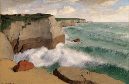 style of Edgar Degas, shore ,cliff,rocks ,ocean,