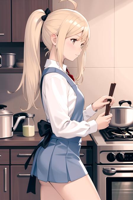 yoshida akihiko, 

1girl, ahoge, apron, bangs, blonde hair, brown eyes, chopsticks, cooking, from side, frying pan, kitchen, long hair, long sleeves, miniskirt, pleated skirt, school uniform, shirt, side ponytail, sidelocks, skirt, solo, stove, white shirt

<lora:yoshida_akihiko_offset:1>