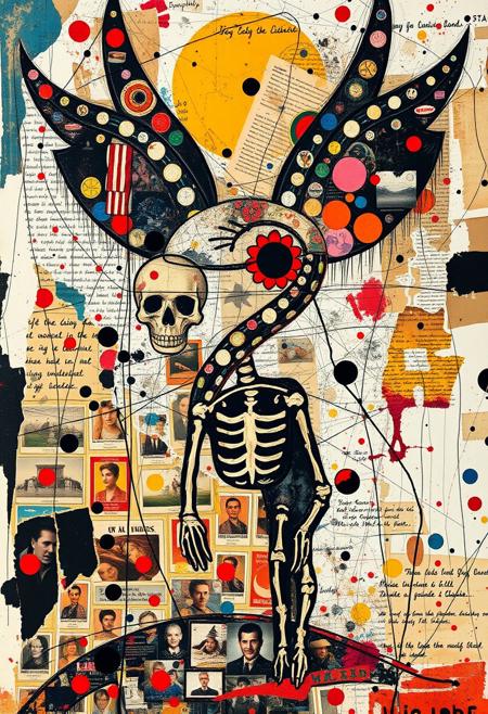 Outsider art. A surreal and deconstructed mixed-media collage in the style of Jacques Prévert with an urgent sense of chaos and energy. An analogue collage artwork blending fragmented styles, layers and textures. 
A Jean-Michel Basquiat illustration of a Mexican Day of the Dead Alebrije. 
Layered over this obscuring the image are multiple fragmented and overlapping layers of chaotic thick paint, splatters of paint, palette knife oil paint, handwritten scrawled text messages, torn photographs and broken distorted vintage photographs filling the canvas. 
Layers of repetition of brightly coloured dots in Yayoi Kusama style. Fragmented scribbles and abstract graffiti images in Jean-Michel Basquiat style over the top. This hides sections of the image below. Outlines roughly redrawn in black. The overall effect is manic and anarchic with an urgent sense of energy.