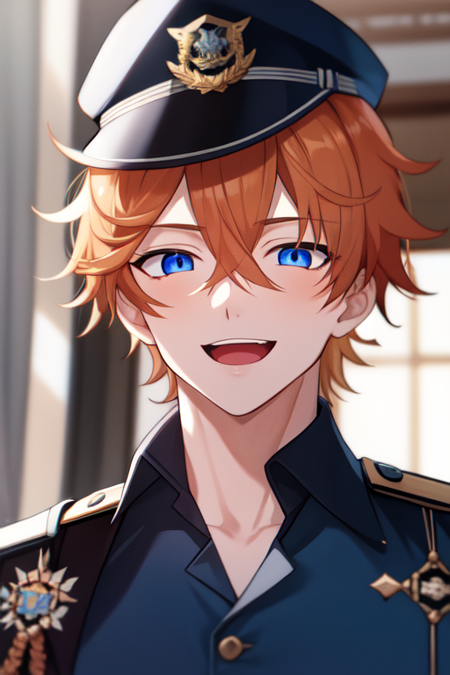 tartaglia,1boy,solo,male focus,orange hair,hair between eyes,blue eyes,open mouth,smile,focus face, looking right-up,shirt,(police uniform),blurry background,