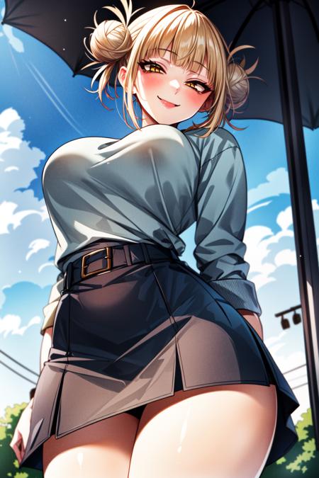 (best quality:1.2), 1girl, (masterpiece:1.2), raytracing, cute face, perfect face, ultra detailed,detailed face, 8k wallpaper, wide hips, <lora:more_details:0.5>, TogaHimiko_NDV, 1girl, yellow eyes, blonde hair, large breasts, short hair, double bun, hair bun, messy hair,  <lora:TogaHimiko_NDV:0.7>, outdoor, smile, skirt, sweatshirt, skirt