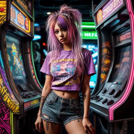 A close up photo of a female with glowing green eyes and neon purple hair, dressed in a graphic t-shirt and denim shorts, leans against a retro arcade machine. Epic character composition, sharp focus and natural lighting. The subsurface scattering effect adds a touch of ethereal glow, while the f2 aperture and 35mm lens create a perfect balance of depth and detail.
<lora:CyberPunkV2:0.7> 7cy6er7p0nk9