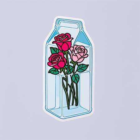 a glass milk carton filled with roses, cold colors, simple background, cutestickers, (sticker:1.4), art, (big fat stroke:1.2), cute comic, minimalistic, ohwx style