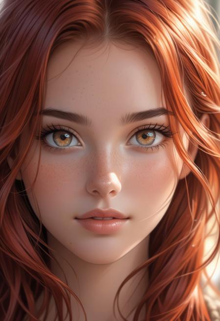 A realistic close-up digital painting of a Norwegian girl with vibrant red hair cascading in soft waves around her face. Her delicate freckles are sprinkled across her cheeks and nose, giving her a youthful and natural look. She gazes directly at the viewer with intense, mesmerizing eyes, the painting's focus on her clear, bright eyes framed by long, detailed eyelashes. Her lips are softly parted, revealing a hint of her open mouth, adding to the intimate nature of the portrait.
Her beautiful features are rendered with lifelike detail, capturing the essence of youthfulness and innocence. The background is softly blurred with a bokeh effect, drawing full attention to her face and creating a gentle contrast between her sharp features and the soft light around her. The warm tones of her hair and complexion are subtly enhanced, giving the image a harmonious, serene feel. This artwork captures the beauty of simplicity, focusing on the fine details of her expression, hair, and skin.