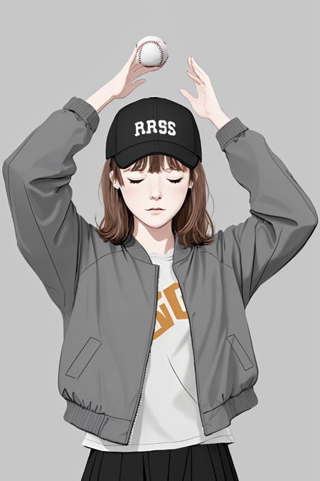 <lora:mourning_girl_v1:0.4>,1girl, solo, bangs, simple background, brown hair, long sleeves, hat, jacket, closed eyes, upper body, medium hair, grey background, hands up, black headwear, baseball cap, flipped hair, nanami chiaki