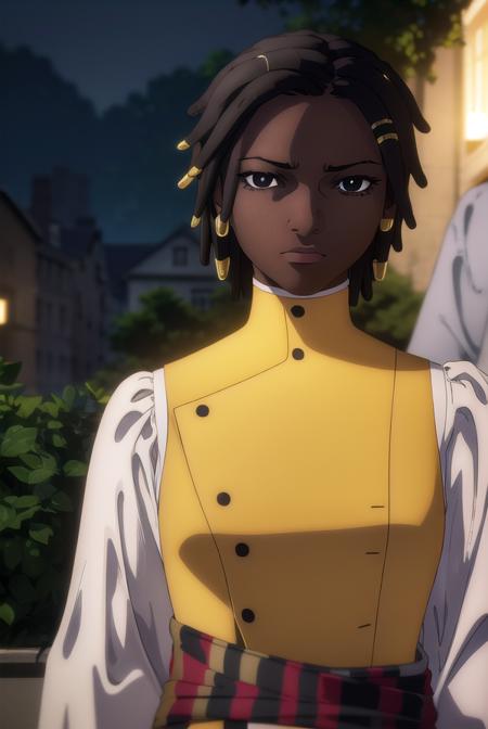 castlevaniaannette, short hair, black hair, dark skin, (black eyes:1.5), dark-skinned female, very dark skin, dreadlocks, shirt, long sleeves, white shirt, belt, pants, vest, black pants, yellow vest,