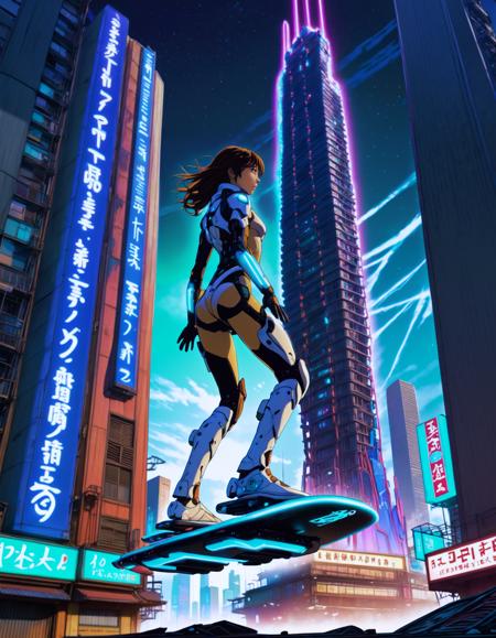 dynamic art by yoshitaka amano, makoto shinkai riding a b2fhboard,, studio ghibli, cinematic rearview of cortana posing dynamically in a cyberpunk armor looking up at a tall cyberpunk neo tokyo well lit highrise building, filled with neon signs, from behind, nice ass