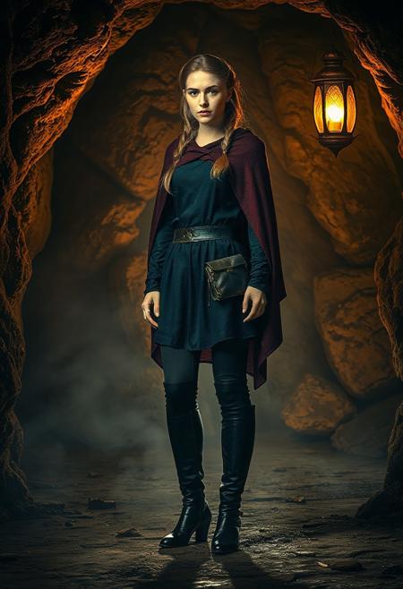 (full body, masterpiece, ultra-detailed, best quality, medieval fantasy) — A woman stands poised in a lantern-lit cave, wearing a dark blue tunic and matching leggings, tall black boots, and a maroon cloak that drapes elegantly over her shoulders. Her hair is braided around her head like a circlet, evoking quiet nobility. A small leather belt pouch rests at her waist. The cave glows with warm, flickering lantern light, casting dramatic shadows across the textured rock walls. Atmospheric dust floats in the air, enhancing the moody, mystical ambiance. Realistic fabric textures, rich color contrast, cinematic composition.