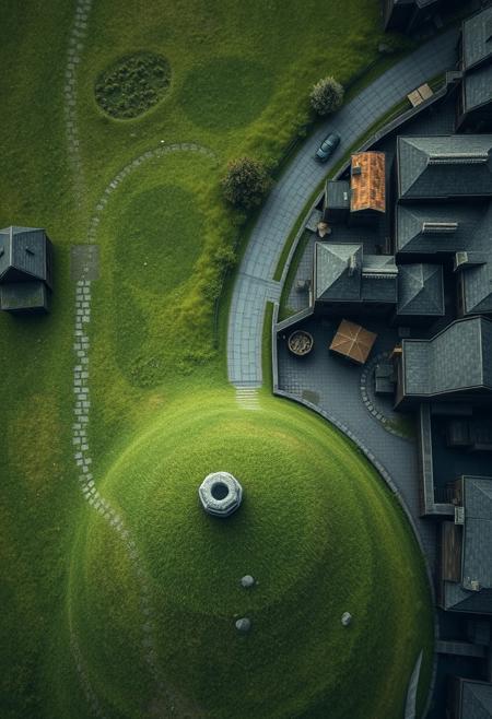 A top-down rpg map view of a large  grass covered verdant hill by a fantasy town street, staring directly straight down at the floor, winding streets and alleyways (perfect RPG combat map) of a dockside street with buildings and the river (masterpiece cozy hyperrealisitic, medium format photography, muted colors, soft focus,  accurate proportions,  high quality, detailing, textures)