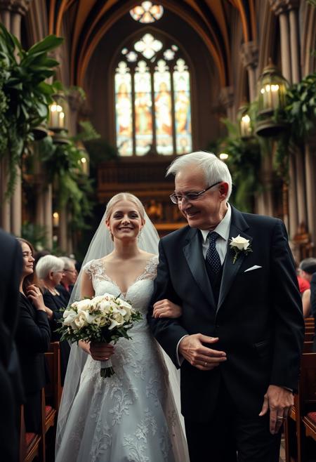In a thousand year old cathedral decorated with luxuriant plants, a close up of an emotional bride being walked toward the alter by her aging father, the solemn silence of the guests make the time feels as if stopping, the bride crying from a the emotional overload is looking smiling at the old man who's supported her into adulthood, the father is marked by the passage of time but we can still tell he used to be very handsome, a reassuring confidence about him gives a warm softness to the scene