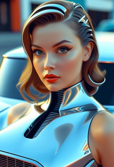 Futuristic electric super car, retro 1960-style  futuristic, girl pinup model standing next to car, masterpiece, 8k,absurdres, intricate details, focus on girl's face, car's shapes continue behind girl,
close to viewer, upper body picture, 
beautypinupart, 1girl, futuristic car,