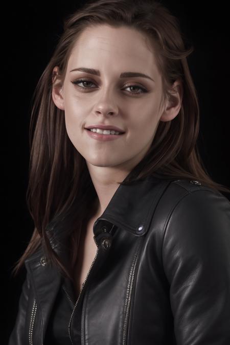 SFW, best quality, extra resolution, rare angle, close up portrait of (AIDA_LoRA_KristenBrunette:1.33) <lora:AIDA_LoRA_KristenBrunette_n0:0.6> as beautiful woman wearing leather coat, smiling, perfect teeth, naughty, flirting with camera, funny, happy, dynamic pose, dolly short, cinematic, studio photo, (black background:1.3), kkw-ph1, dark theme <lora:LowRA:0.2>