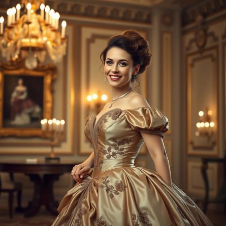 realistic photo, beautiful lighting, , beautiful english woman, updo hair, wearing shiny satin ornate victorian hoop dress, in ballroom of mansion, smiling, happy, hoopdress