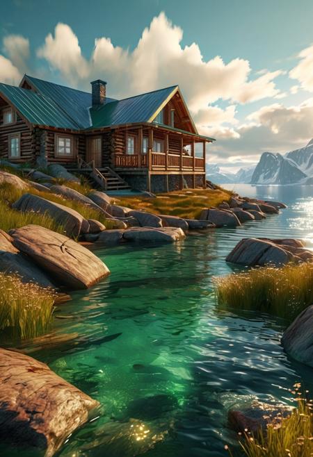 (ultra high res:1.4), (masterpiece), (beautiful lighting:1.4) , greenland greenery, greenland landscape,  greenland mountains, ,cozy log cabin homes,  very nice porches, sunlight illuminates  water,  anime, above water, (clear underwater), beautiful sky with clouds,  depth