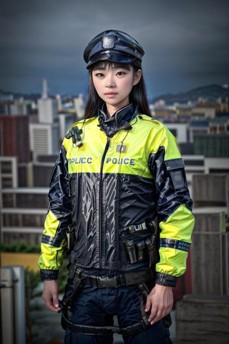 xiaorouseeu, copcop,yellow fluorescent,Create a realistic image of a police officer performing his patrol duties. The scene should be ultra-realistic, with a high level of detail in the officer and the surrounding environment. The officer's alertness should add a serious element to the scene. The lighting should be bright and direct, illuminating the scene and casting dramatic shadows. The colors should be a mix of the cool blues and blacks of the officer's uniform, the colors of the cityscape, and the natural hues of the day. The composition should be a close-up shot of the officer, with the cityscape visible in the background. Use a high-resolution camera with a fast shutter speed to capture the action,metal steel building,, (masterpiece:1. 0), (best quality:1. 3), (ultra highres:1. 2), (intricate details:1.3) ,(soft focus:1.4), (sharp focus:1. 4),(photorealistic:1.3), (detailed skin:1.2),hyper detail,beautiful detailed eyes,Raw photo,solo,1girl,