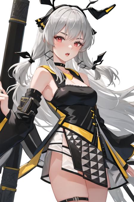 best quality, masterpiece, highres, solo, {weedy_arknights:1.15}, long_hair, bangs, red_eyes, grey_hair, upper_body, white_hair, very_long_hair, hair_ornament, 1girl, bare_shoulders, black_dress, dress, looking_at_viewer, sleeveless, sleeveless_dress, open_mouth, simple_background, white_background, breasts, choker, parted_lips, small_breasts