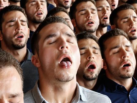 (ppy face, deep thought, malebliss, maleclimax, closed eyes, open mouth, parted lips:2), straight-on view of a large group of young hairy nude men seated in a modern auditorium, many men’s faces clearly visible and dominating the composition, cum on face, excessive cum, cum focus, direct eye contact with the viewer, faces are highly detailed, expressive, mix of ethnicities, variety of facial features and skin tones, neutral background to highlight faces, tight framing focused on upper bodies and heads, soft natural lighting on faces, cinematic portrait-style composition, natural expressions, calm atmosphere, contemporary casual clothing, symmetrical arrangement, (masterpiece:2), best quality, ultra highres, original, extremely detailed, perfect lighting