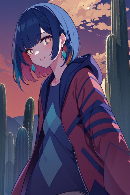 ((best quality, high_resolution, distinct_image)), ((1girl, solo)), <lyco:rim-loha-v2:1.0>, rim, multicolored eyes, yellow pupils, jewelry, earrings, jacket, (blue hair:1.3), colored inner hair, red inner hair, open jacket, shirt, short hair, open clothes, hood, long sleeves, red jacket, blue shirt, bangs, parted lips, hooded jacket, yellow eyes, gradient eyes, side braid, blue eyes,
cinematic light, (bioluminescent details:1.1), (subsurface scattering:1.1), colorful,
looking at viewer, light smile, dynamic pose, dynamic angle, 21 years old, 
outdoors, , An_outdoor_garden_with_a_variety_of_cactus_plants,,