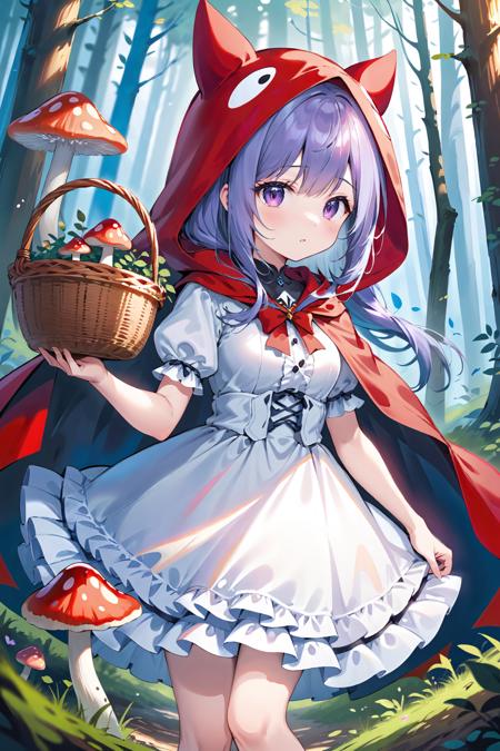 ultra-detailed,(best quality),((masterpiece)),(highres),original,extremely detailed 8K wallpaper,(an extremely delicate and beautiful),
anime,
1girl,hood,puffy sleeves,purple eyes,short sleeves,hood up,solo,puffy short sleeves,red cape,hooded cape,bangs,cape,blush,outdoors,forest,basket,fake animal ears,skirt,nature,day,breasts,dress,animal,long hair,hair between eyes,white dress,frills,mushroom,red hood,looking up,toeless legwear,red bow,upper body,