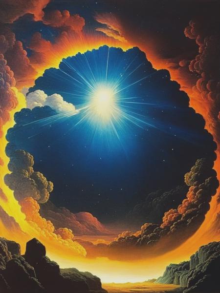 <lyco:JosephWrightOfDerby:1.0> the start of the universe, on a big explosion, with a human intelligence touch and starts forming using Joseph Wright of Derby painting style