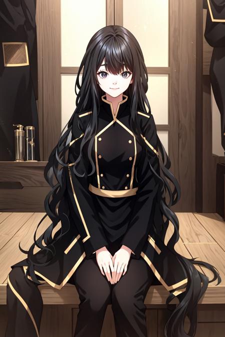 kathyln, 1girl, solo, long hair, smile, black hair, long sleeves, hair between eyes, sitting, closed mouth, belt, uniform, black eyes, coat, military, military uniform, buttons, black coat, <lora:kathyln:1>