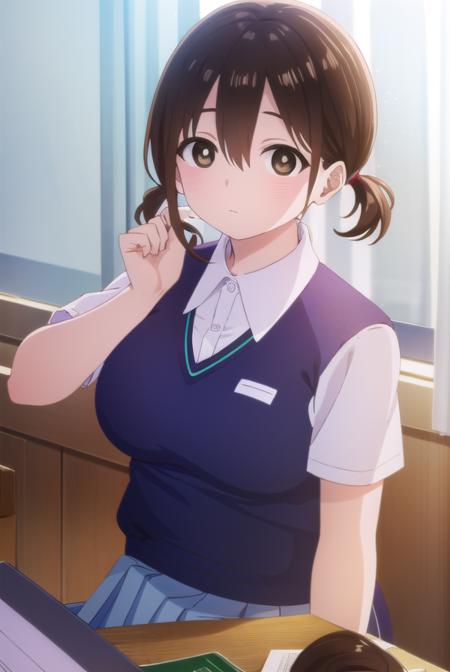 honokahara, <lora:honoka hara s1-lora-nochekaiser:1>,
honoka hara, short hair, brown hair, hair between eyes, twintails, (brown eyes:1.5), low twintails, short twintails,
BREAK skirt, shirt, school uniform, white shirt, short sleeves, pleated skirt, collared shirt, blue skirt, sweater vest, plump,
BREAK indoors, classroom,
BREAK looking at viewer, (cowboy shot:1.5),
BREAK <lyco:GoodHands-beta2:1>, (masterpiece:1.2), best quality, high resolution, unity 8k wallpaper, (illustration:0.8), (beautiful detailed eyes:1.6), extremely detailed face, perfect lighting, extremely detailed CG, (perfect hands, perfect anatomy),