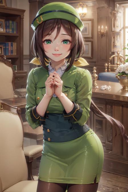 (masterpiece, best quality:1.2), <lora:umamusume_hayakawa-10:1>, cowboy shot, solo, 1girl, hayakawa tazuna, smile, closed mouth, looking at viewer, own hands together, low ponytail, green headwear, green jacket, green skirt, pantyhose