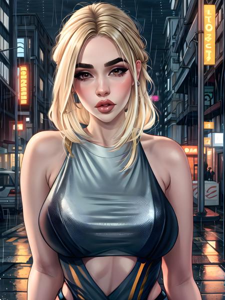 close-up portrait photo in minkostyle of ( Ava Max , (blonde hair), (long hair), (brown eyes), lipstick, (parted lips), makeup, (wearing a t-shirt)), (rainy futuristic city street at midnight)++, 8k uhd, high quality, dramatic, bokeh