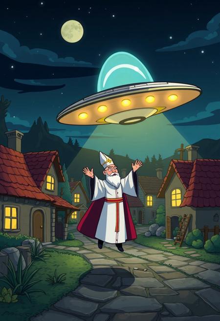 night, village, cartoon style, flying saucer kidnaps priest, flying saucer attracts priest, priest in panic, priest flies to flying saucer